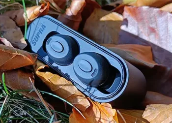 Schwarze Sound by Sweden NERO-TX PRO 2nd Gen im Ladecase auf Herbstlaub in der Herbstsonne