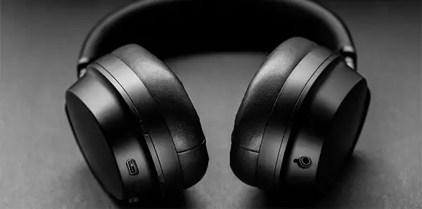 Schwarze Over-Ear-Kopfhörer auf einer schwarzen Tischplatte