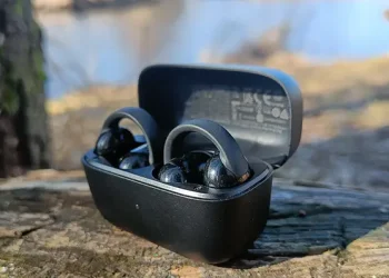 soundcore C50i im Ladecase im Sonnenschein auf einem Baumstamm mit Wasser im Hintergrund