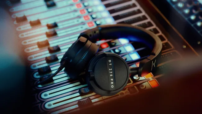 Beyerdynamic DT 275 Pro trådbundna on-ear-hörlurar placerade på ett mixerbord.
