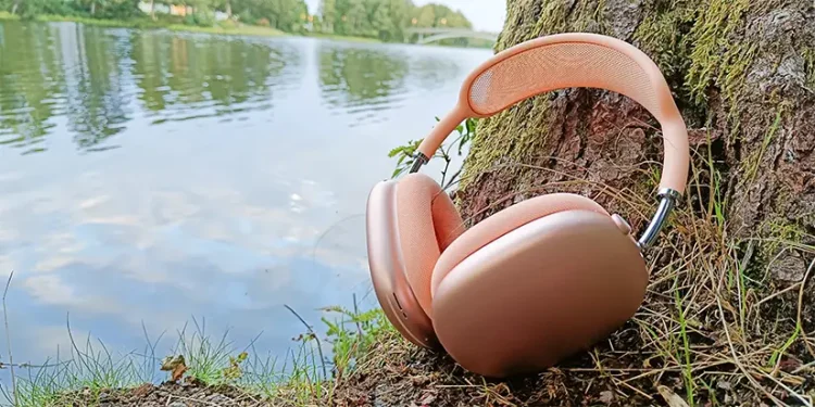 Apple AirPods Max 2 Orange an einen Baumstamm gelehnt mit einem Bach im Hintergrund