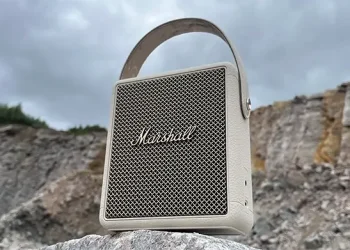 Marshall Stockwell III in der Farbe Cream auf einem großen Stein mit einer Felswand im Hintergrund