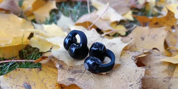 Schwarze Sennheiser ACCENTUM Clip auf getrocknetem Herbstlaub auf dem Boden
